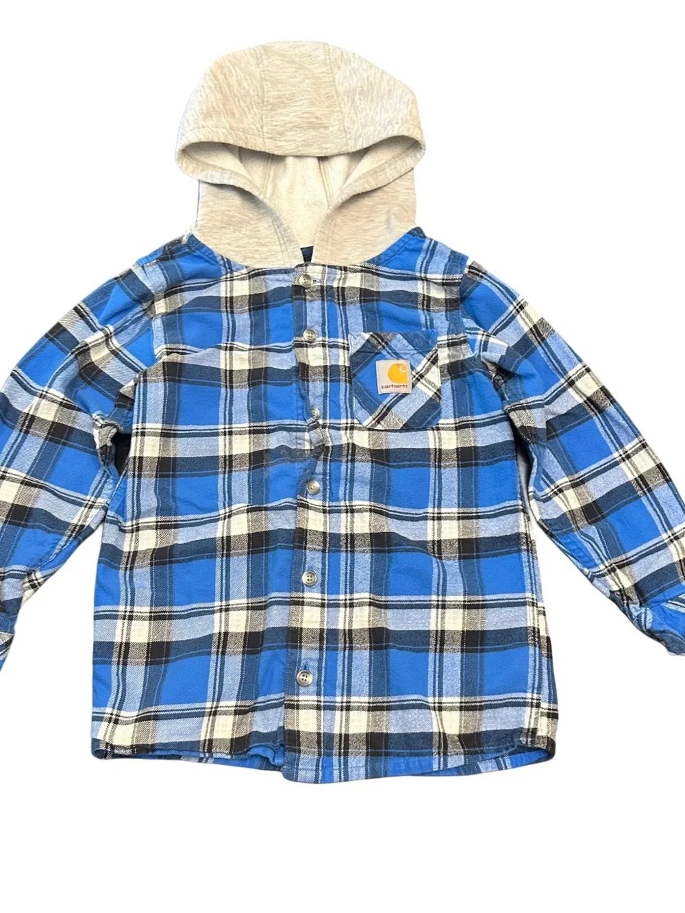 Carhartt Boys Hooded Flannel Shirt Size 7 Blue Plaid Button Down 100% Cotton